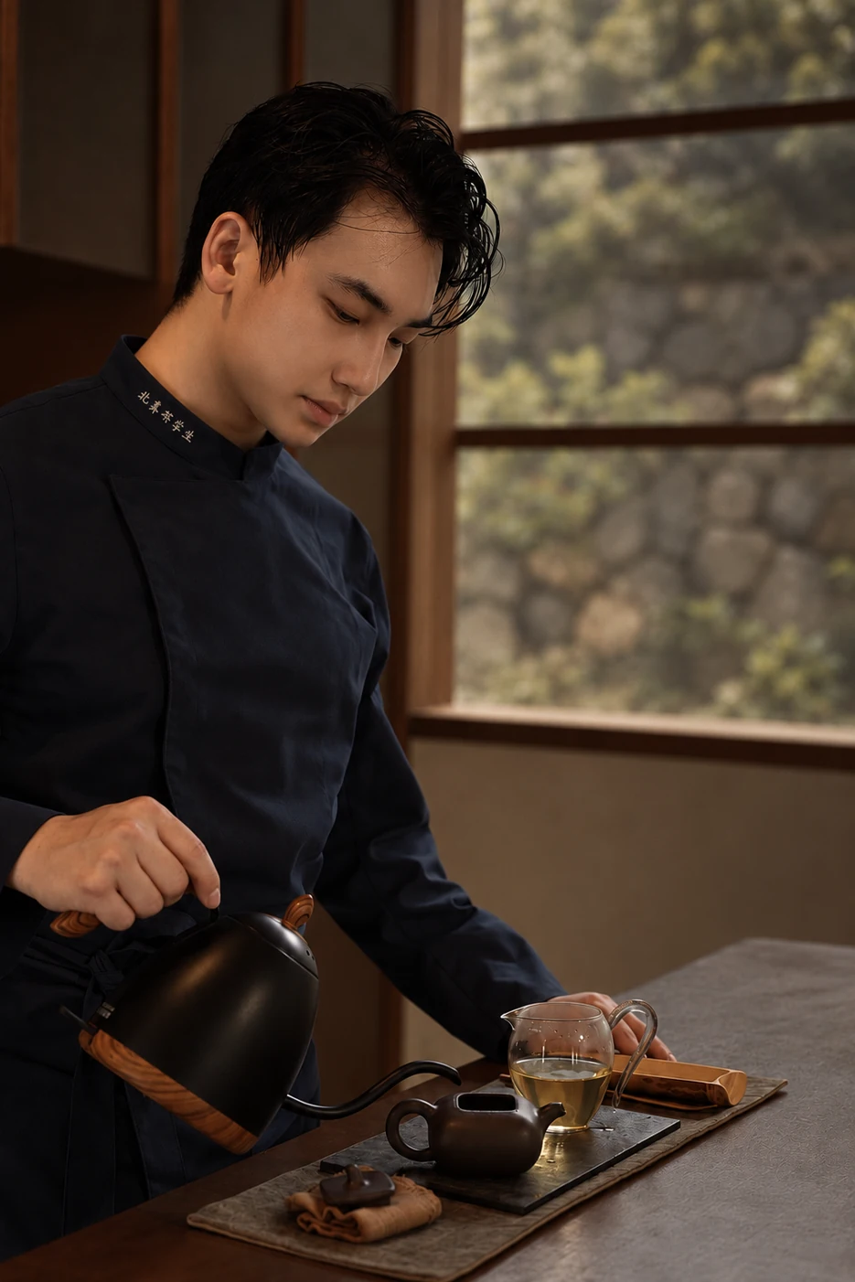 Joel Wu preparing tea beside the window.